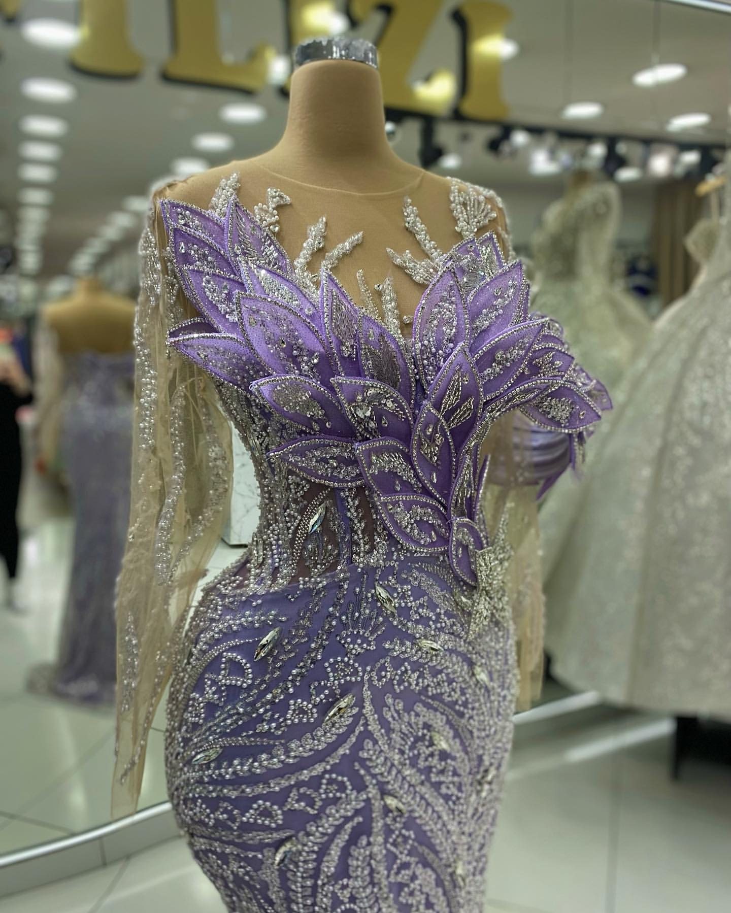 Lilac Mermaid Prom Dresses 2025 Crystals Florals Full Sleeves Evening Formal Party Second Birthday Engagement Gowns Plus Size Dress For Special Occasi
