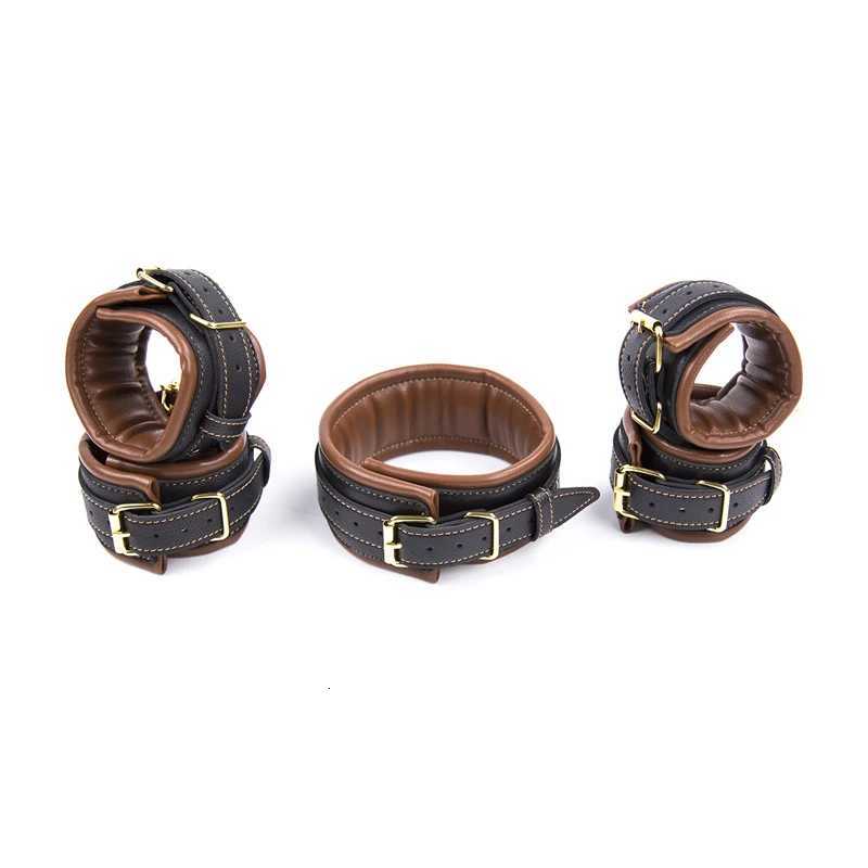 3pcs BDSM Bondage Set Sex Slave Collar BDSM Leather Handcuffs Sexy Ankle Cuffs Sex Bondage Couple Sex Toys for Women XJ250813
