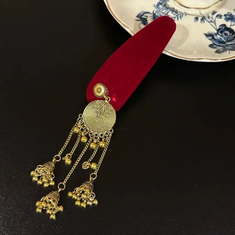 Red Black Velvet Bell Long Tassel Ethnic Style Retro Side Bangs Hair Clips for Women Personality Fashion Hairpin Accessories 250812