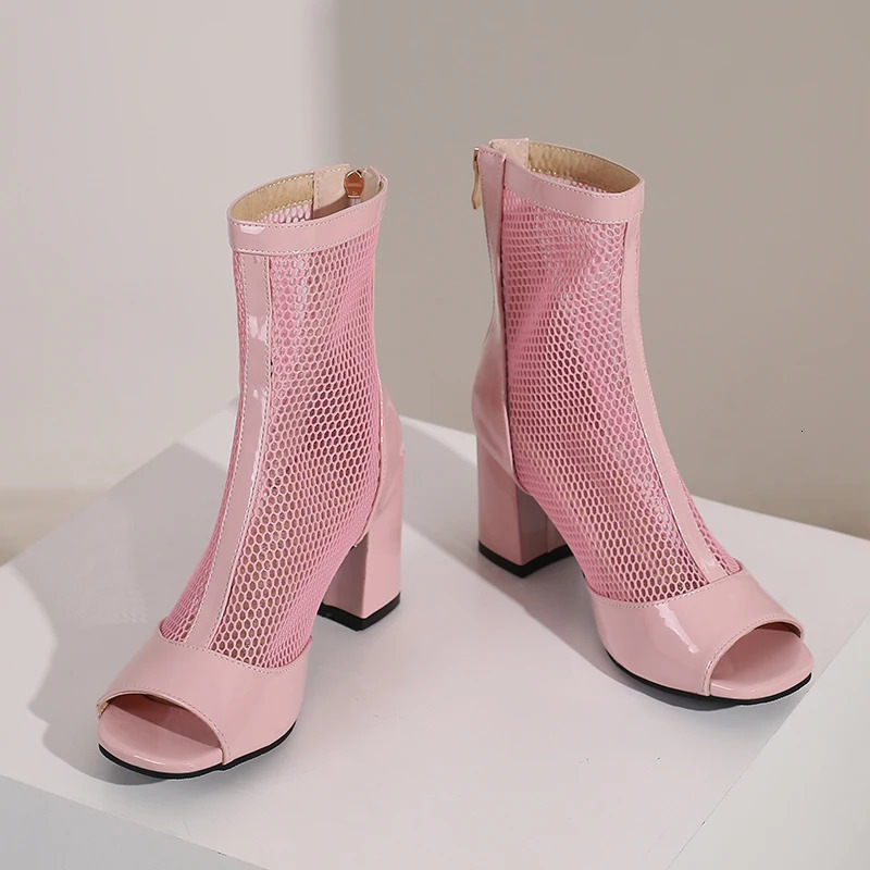 Kcenid Spring Summer Boots Ladies Peep Toe Chunky High Heel Shoes Zipper Fashion Mesh Comfortable Ankle Boots Plus Size 43 250812