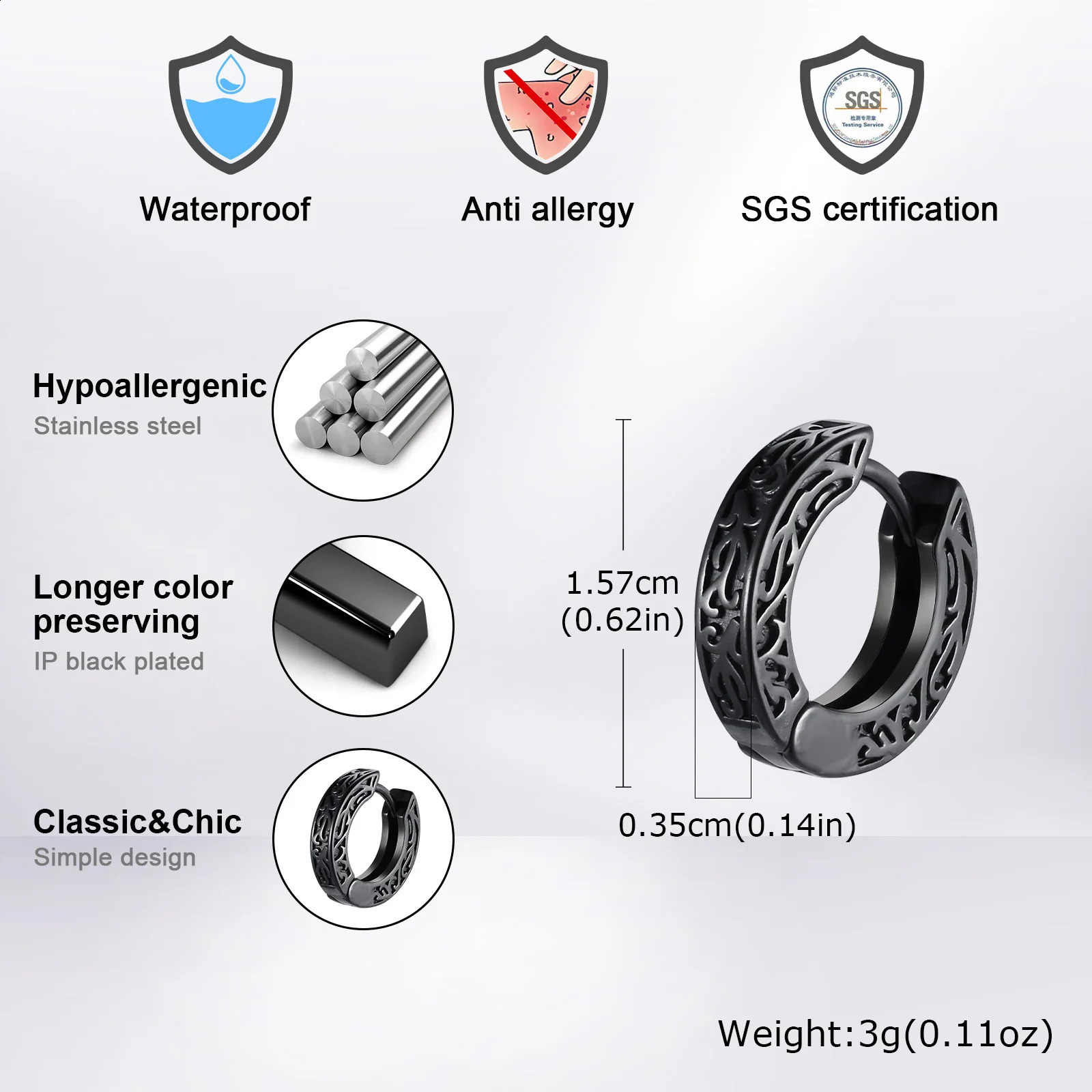 Vnox Monogrammed Mens Hoop EarringsThick Small Stainless Steel Earrings Gothic Punk Ear Jewelry 250812