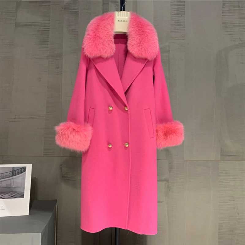 2023 Long Women Wool Cashmere Blended Coat Big Real Fur Collar Fashion Winter Jacket Double Breasted Belt Outerwear Cuffs Z250813