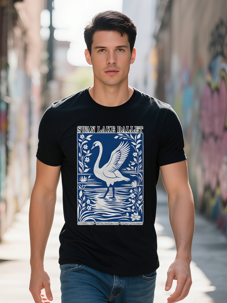 Men s Lake Ballet Graphic T-Shirt Black with Blue Swan Floral Water Wave Print Round Neck Summer Tee Regular Fit