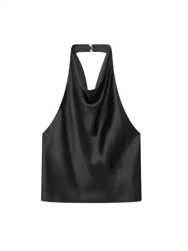 TRZA Women Fashion Satin Flowing Halterneck Tank Tops Sexy Backless With Button Female Camis Mujer 250804