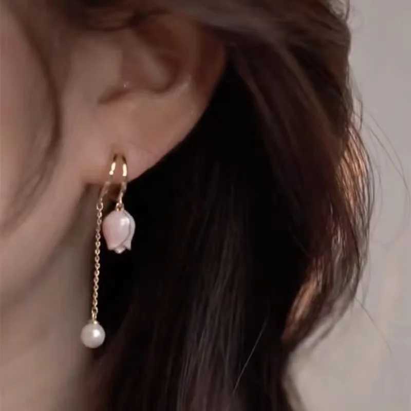 2023 New Korean Elegant Irregular Pink Tulip Long Tassel Earrings For Women Fashion Imitation Pearl Jewelry Gifts Y250812