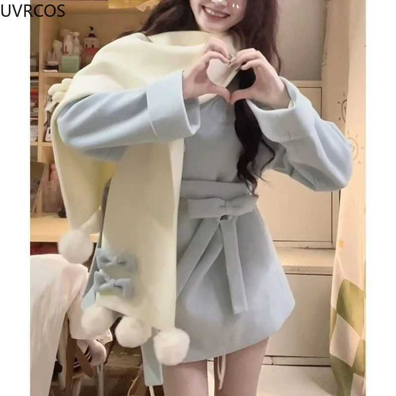 Autumn Winter Japanese Preppy Style Woolen Coat Women Kawaii Bow Cartoon Bear Scarf Loose Long Jackets Sweet Y2k Lolita Outerwear Z250813
