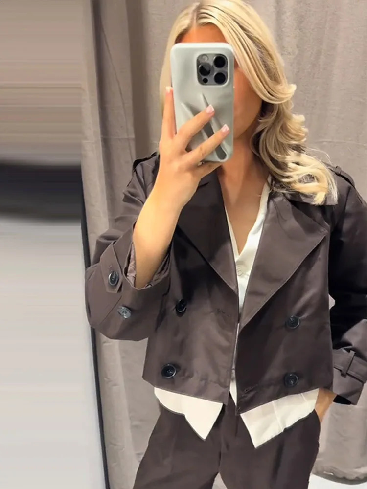 Elegant Turn-down Collar Cropped Jackets Coat Long Sleeves Double Breasted Short Outerwear Autumn Chic Office Female Streetwear 250811