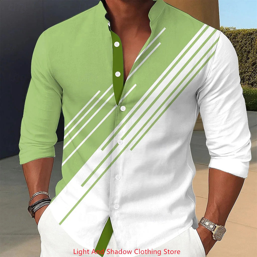 Mens stand up collar shirt geometric printed single breasted street fashion long sleeved mens clothing 250808