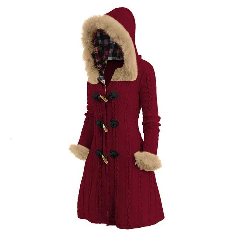 Dressfo Womens Christmas Coats Top Cable Knit Plaid Faux Fur Panel Hooded Coat Horn Button Long Knitted Coat Winter Warm Coats Z250813