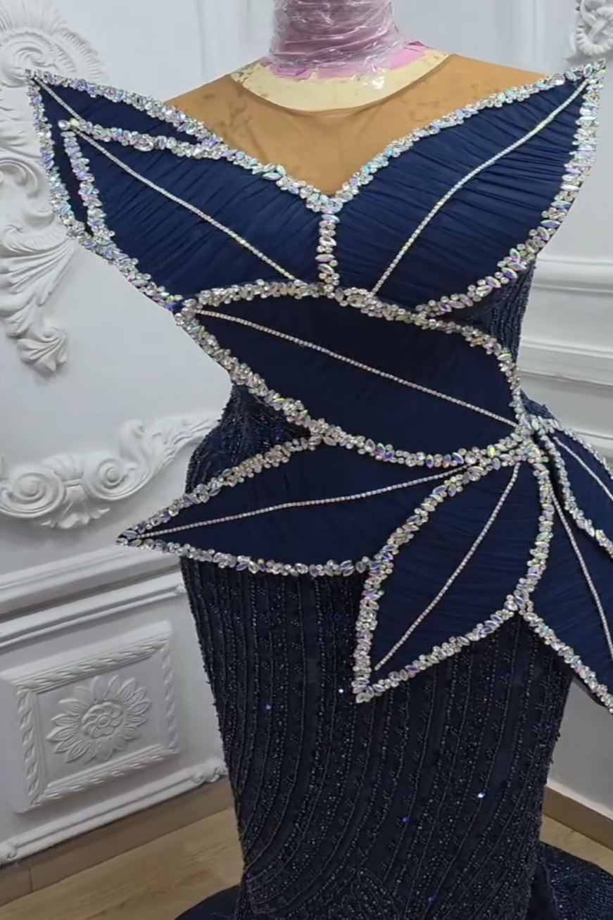 Mermaid Dark Navy Plus Size Prom Dresses 2025 Crystals Florals Sequined Evening Formal Party Second Birthday Engagement Gowns Dress For Special Occasi