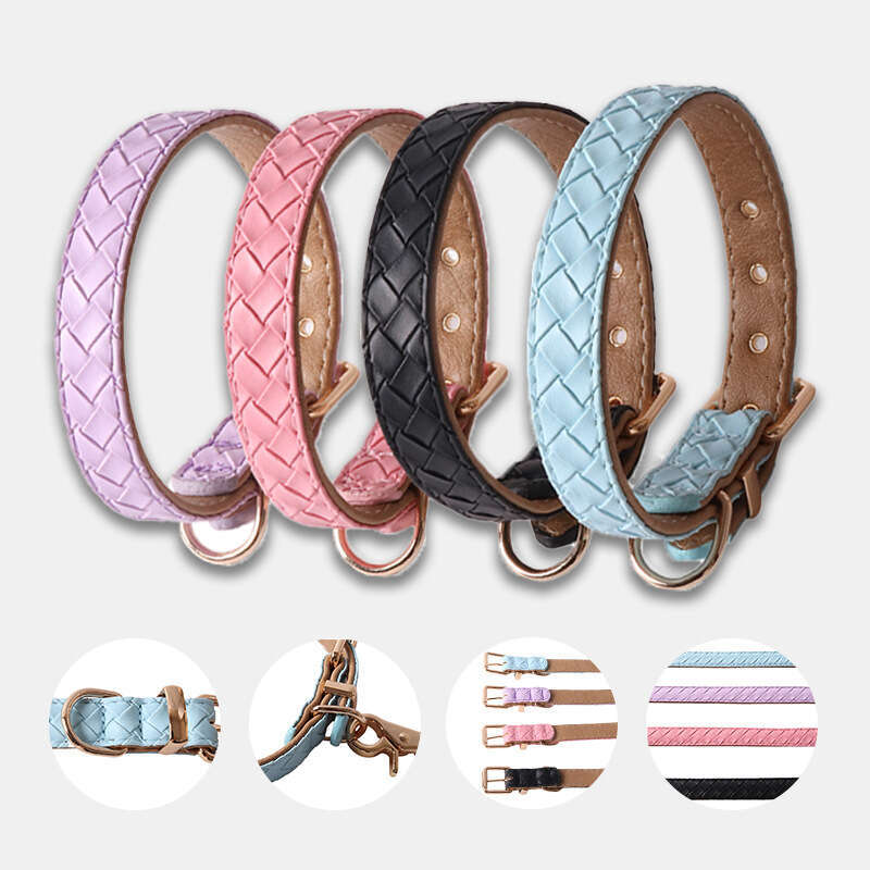 Jinjite New Pet PU Macaron Woven Pattern Fashionable Exquisite Leather Dog Collar