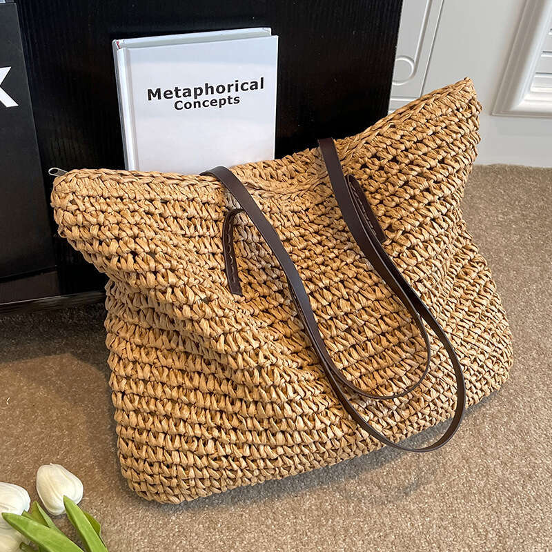 MOODS Design Straw Woven Tote Bags For Women Large Capacity Shoulder Beach Bag Pure Color Summer New Big Shopping Handbag
