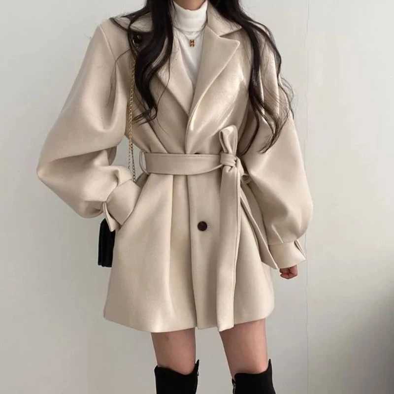 2023 EVNISI Autumn Winter Women Lace-up Trench Coat with Pockets Woolen Turn-down Collar Buttons Women Long Sleeve Coat Overcoat Z250813