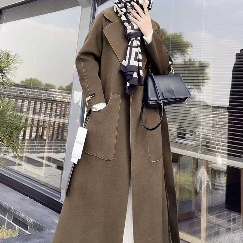 2025 Fall Winter Jacket Ripple Double-sided Wool Cashmere Coat Bathrobe Style Windbreaker Women Belt Long Thick Warm Z250813