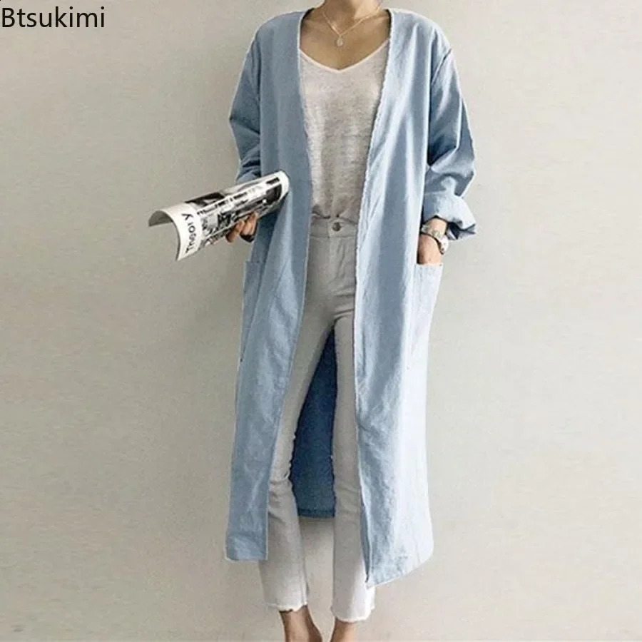 2025 Womens Simple Temperament Cardigan Solid Long Trench Coats Fashion Casual V-neck Kimono Tops Women Long Jackets Robe 250811