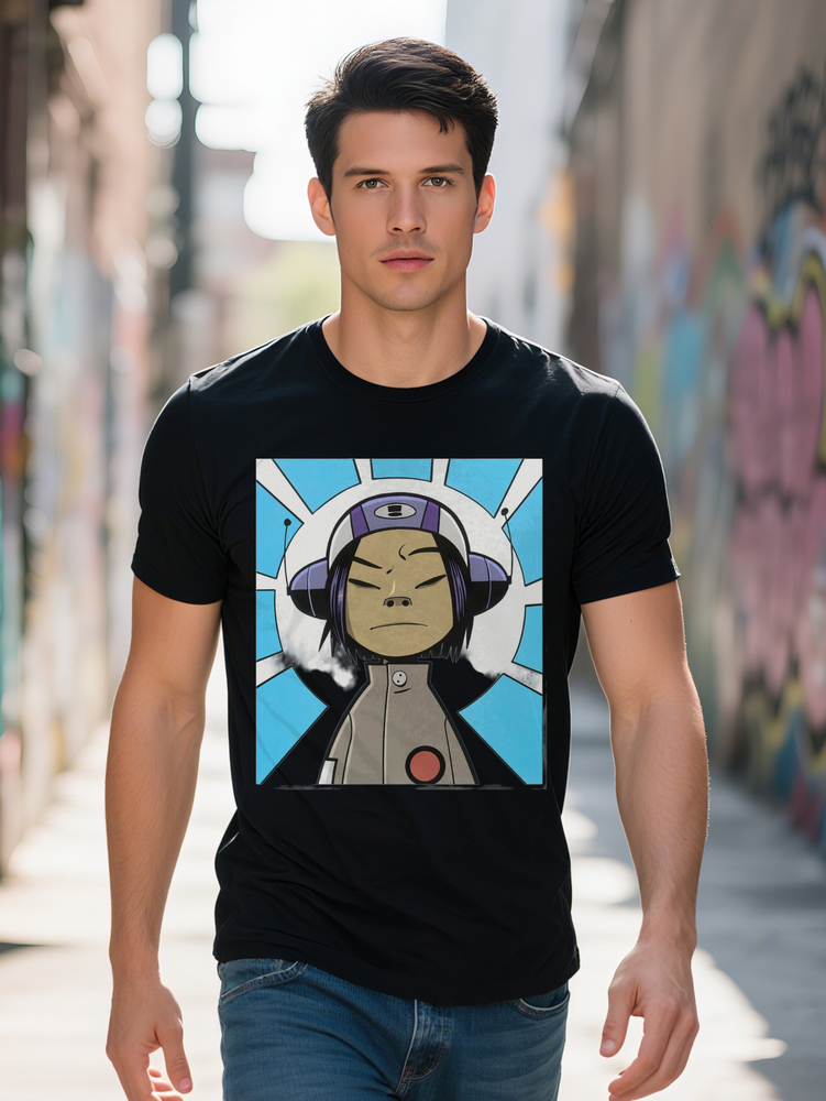 Men s Graphic Tee Black T Shirt with Futuristic Portrait Print Soft Fabric Summer Streetwear Casual Top Round