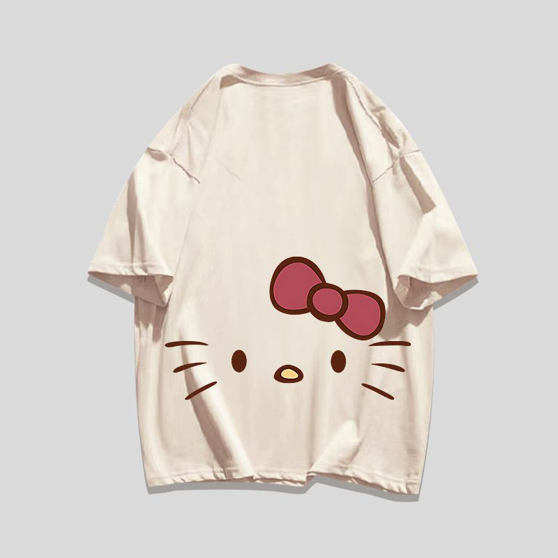 Women's Cotton Tee with Cartoon Cat Print - Summer Loose Fit T-Shirt Fashionable and versatile