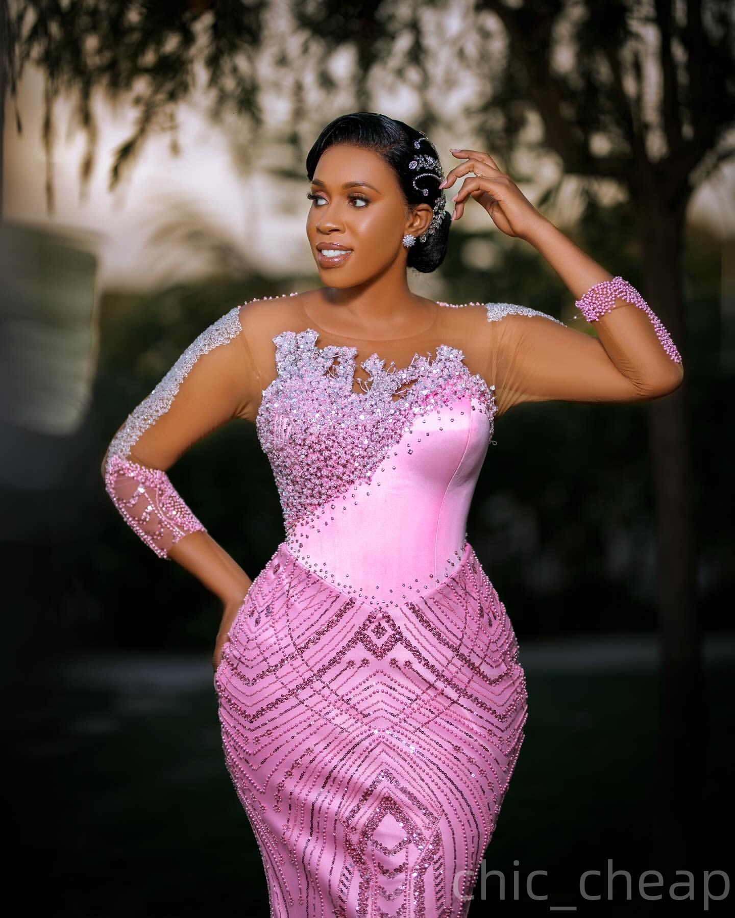 Mermaid Pink Prom Dresses 2025 Beaded Sequined Sheer Neck Stunning Evening Formal Party Second Birthday Engagement Gowns Plus Size Dress For Special O