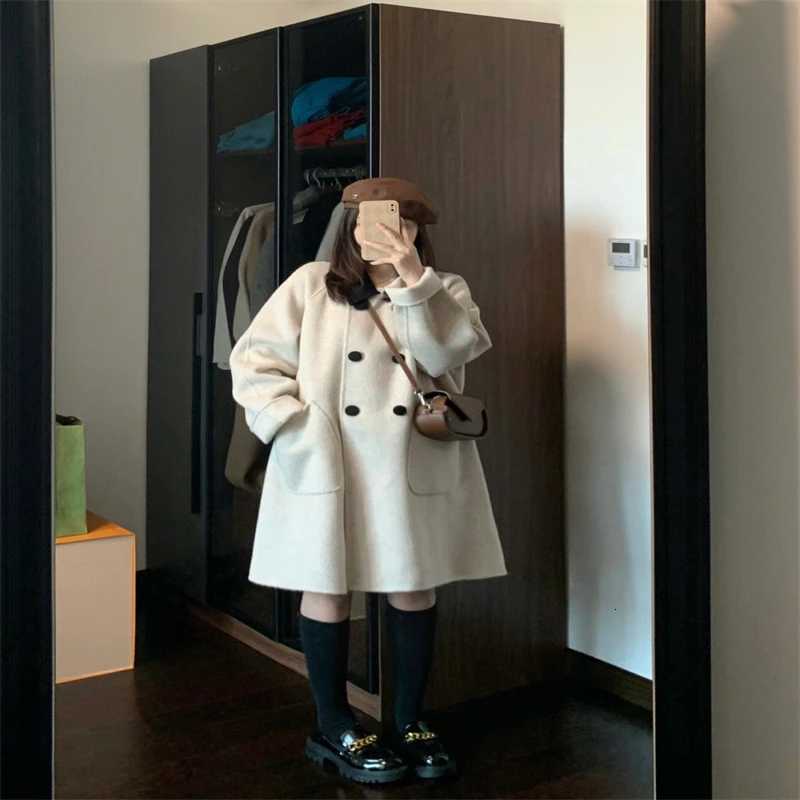 Korean Color Contrast Lapel Double-sided Peacoat Autumn and Winter Woolen Medium Long All-match Wool Coat for Women Z250813