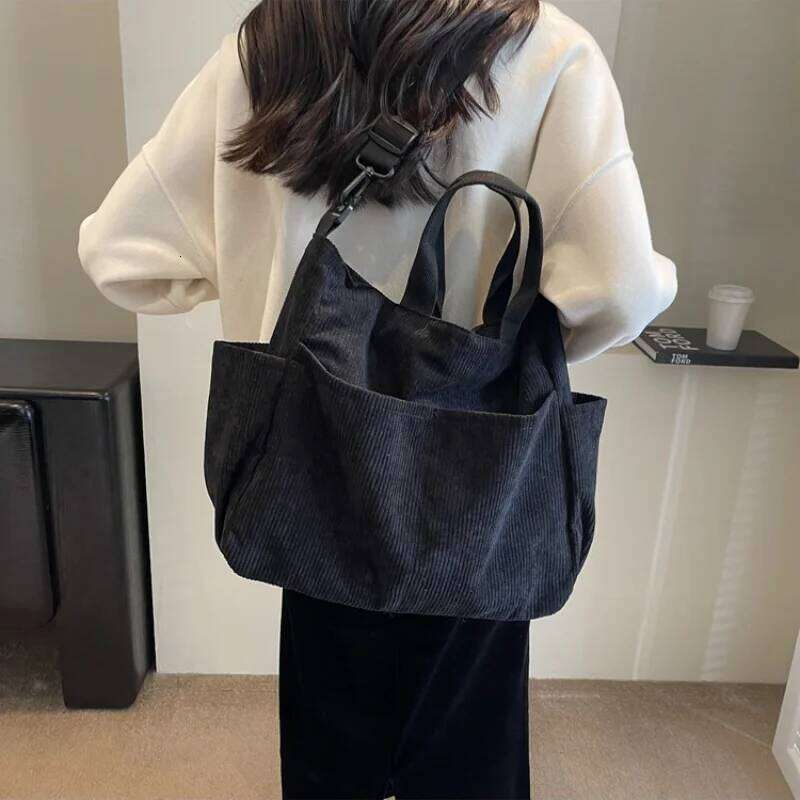 Simple Color Multi Pocket Corduroy Tote Bag Large Capacity Casual Backpack Suitable For Outdoor Travel Commuting Work Handbags
