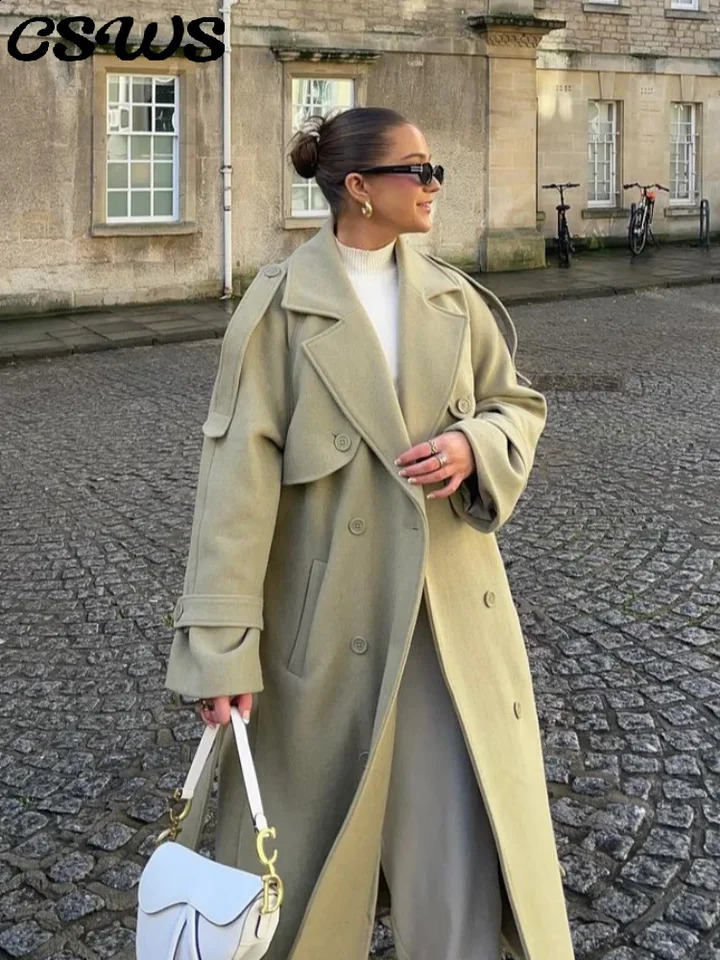 Elegant Woolen Label Long Coat With Belt Khaki Green Loose Full Sleeve Pocket Coats Autumn Winter Solid Patchwork Outwear 250811