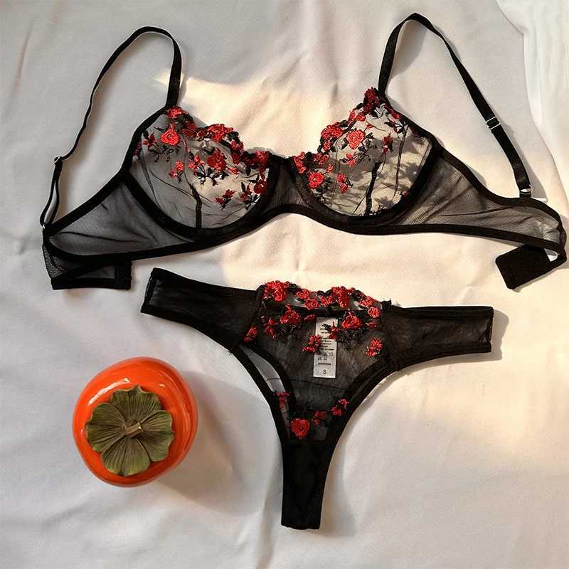 Sexy Underwear For Women Transparent Embroidered Small Flowers Bra Hot Lingerie Panties Intimates Woman Two Piece Set ClothingXJ250812