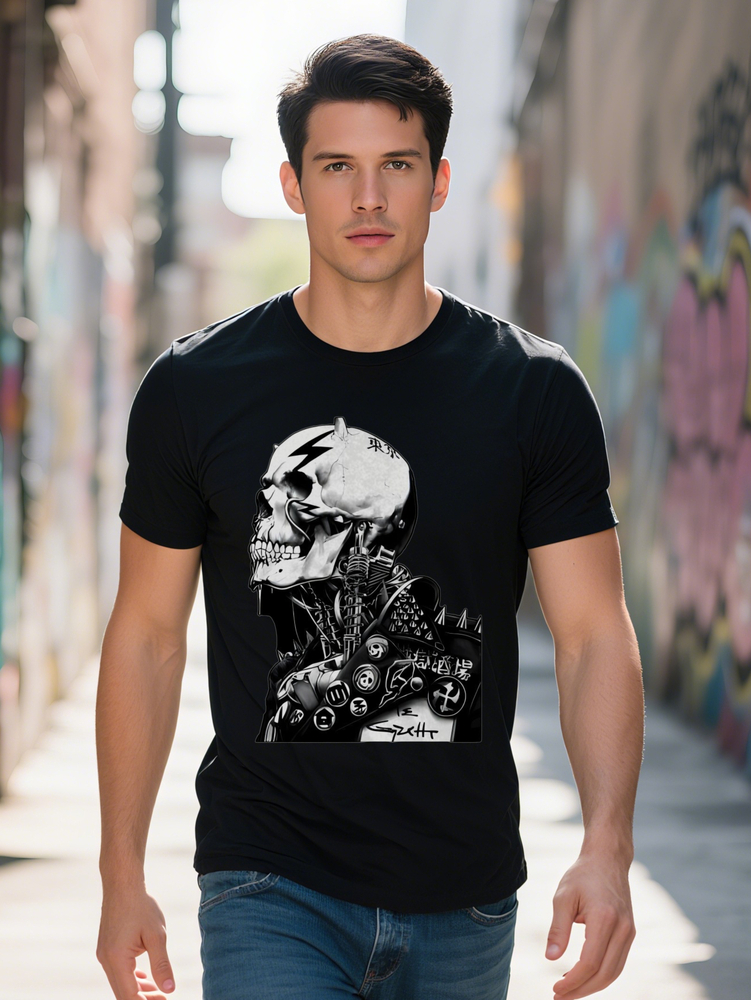 Men s Black Graphic Print T-Shirt Skull Design Casual Crew Neck Tee Lightweight Fabric Summer Streetwear