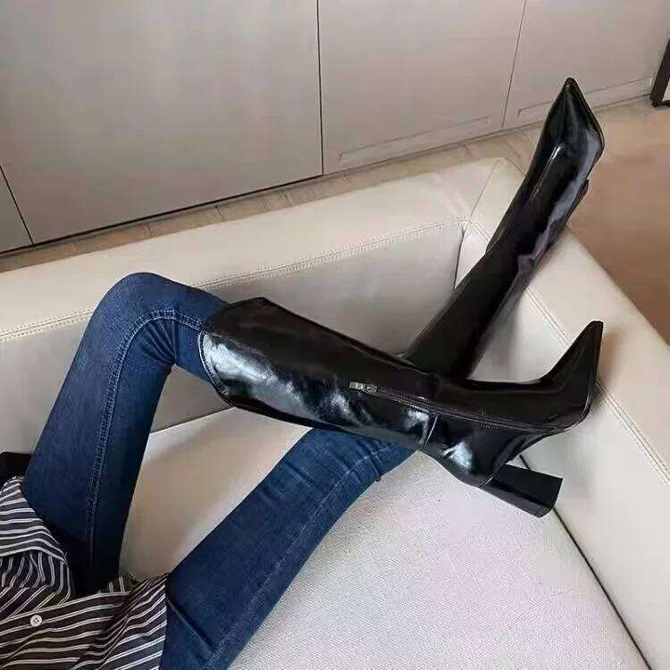 PU Leather Long Women Fashion V-port Pointed Toe Knee Boots Ladies Sexy Chunky High Heel Shoes Botas