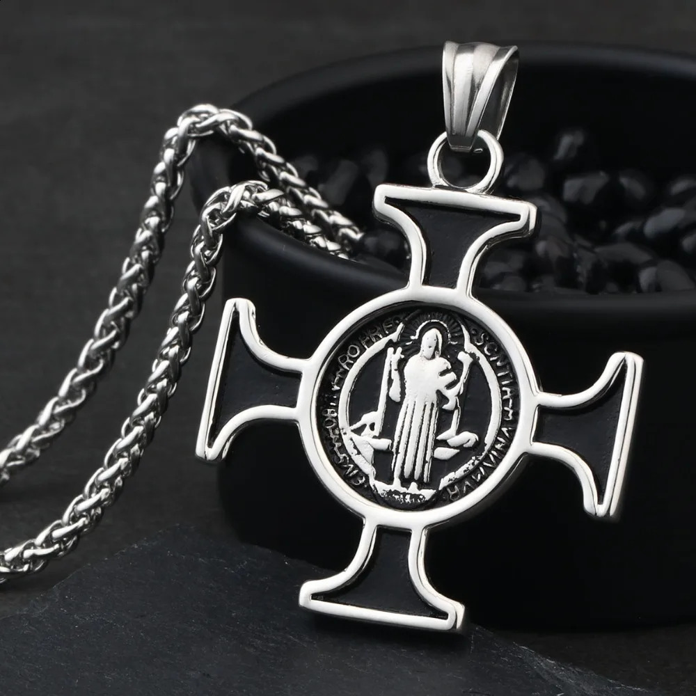 Diyalo Stainless Steel Crucifix Jesus Cross Pendant Necklace CSPB Exorcism St. Benedict Cross Necklace for Men Catholic Jewelry 250807