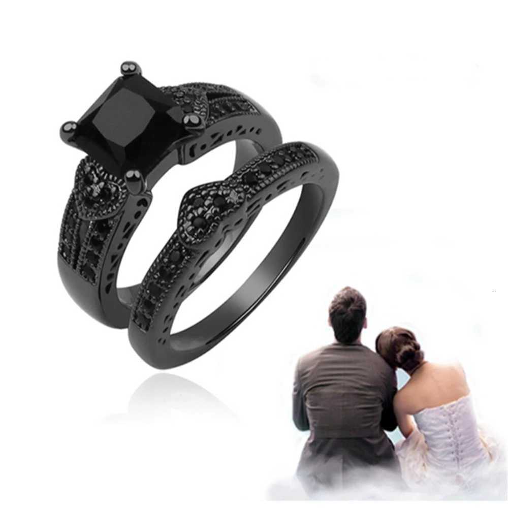 gorgeous Black Full Zircon Couple Ring Fashion Mens Stainless Steel Ring Elegant Womens Heart-shaped 2pcs Wedding Jewelry Gift W250812