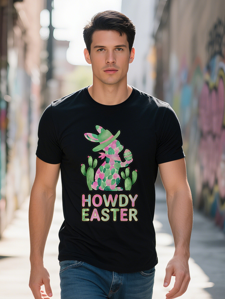 Men S Casual Crew Neck T-Shirt with Howdy Easter Print Black Short Sleeve Graphic Tee Lightweight Blend Regular Fit