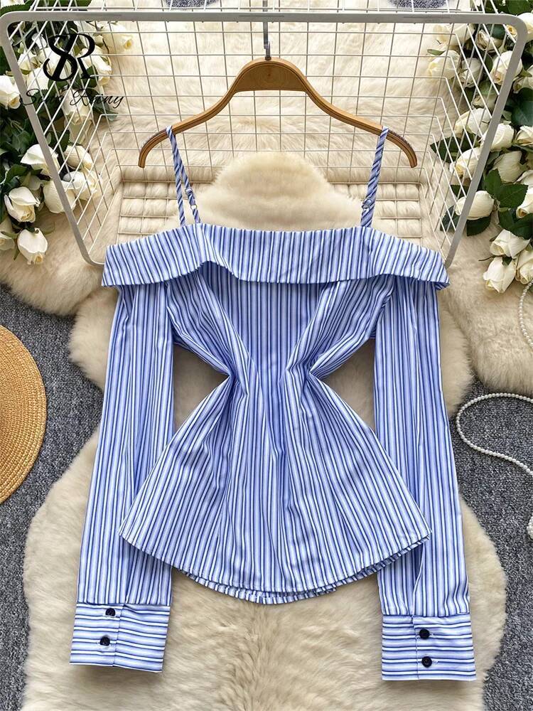 2025 off shoulder trend women's striped shirt women's French autumn retro sexy top long sleeved office women's printed casual shirt des