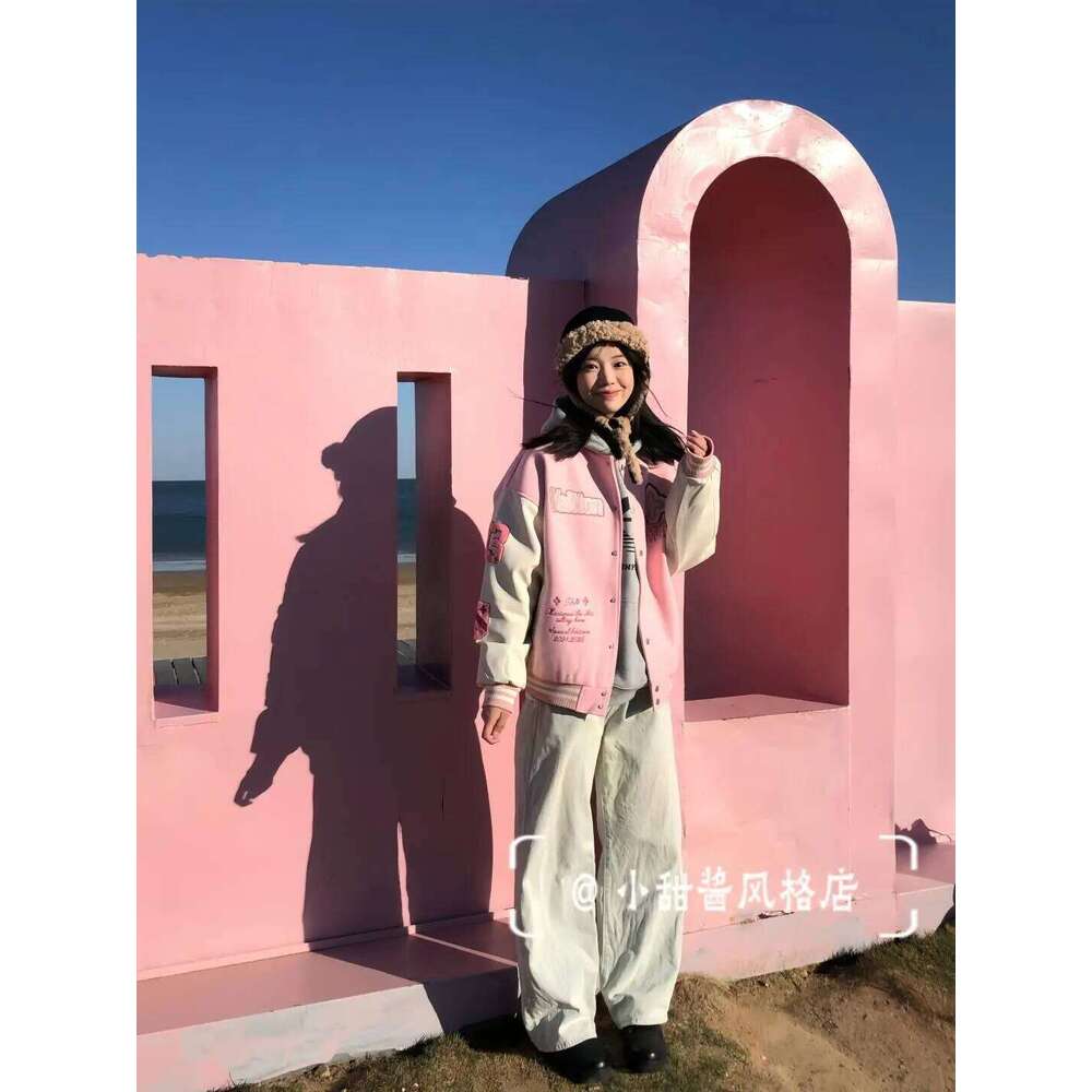 2025 Girly Korean Academy pink baseball uniform for women INS spring sweet girl splicing embroidery trendy jacket