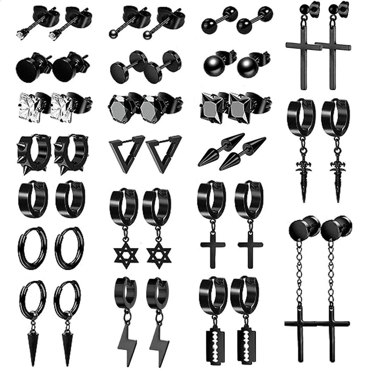 22 Pairs Stainless Steel Black Stud Earrings For Men Cross Cone Pendant Hoop Earrings Party Birthday Gift 250812