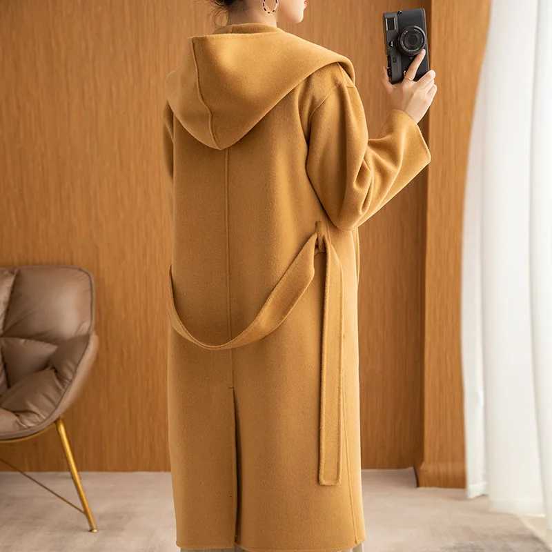 Hot Sale Women Hooded Wool Coat Pure Color Hoodie Woolen Overcoat Big Collar Jacket Cashmere Lace-up Fashion Cloak With Belt Z250813