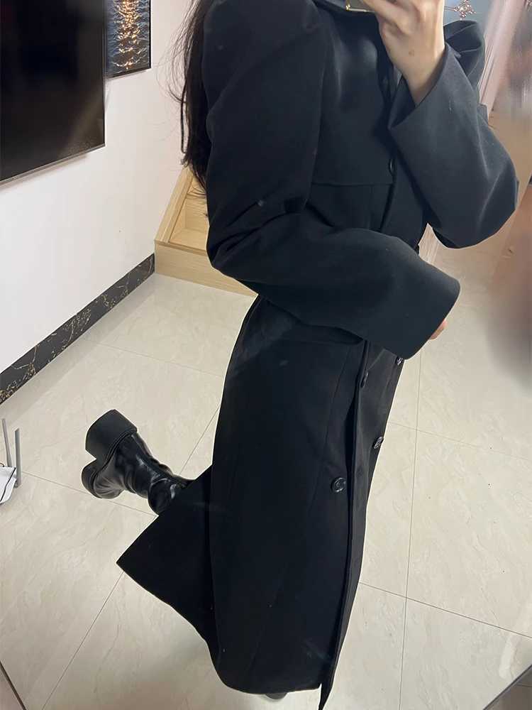 Lautaro Autumn Winter Extra Long Black Elegant Fitted Woolen Coat Women Puff Sleeve Belt Designer Clothes 2023 Z250813