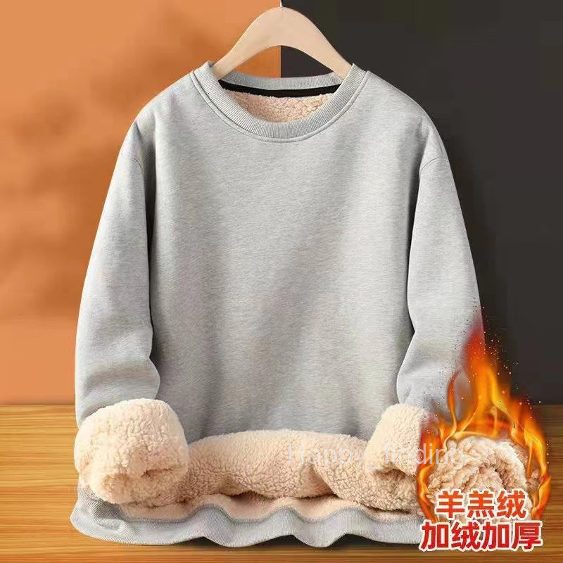 Lamb Wool Fleece Thickened Sweatshirt for Men Hoodless Solid Color Thick Warm Clothing Loose Pullover Crew Neck Autumn and Winter Season
