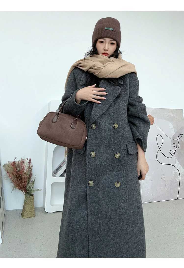 New Designer Korean Style Double-sided Cashmere Coat Coat Double Breasted Mulberry Silk Women Woolen Coat Flower Blue Z250813