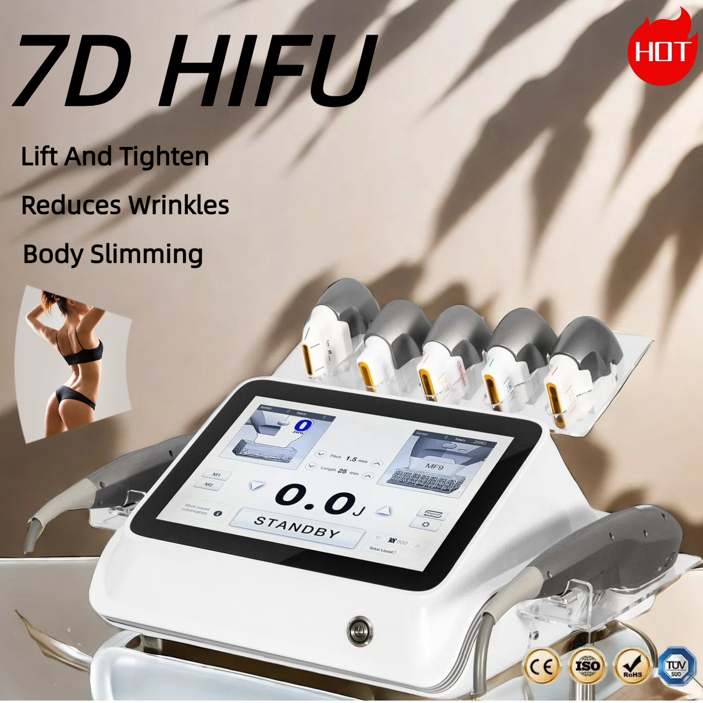 HIFU Skin Tightening Machine Non Invasive Face Lifting Body Contouring Fat Cell Destruction Abdomen Arm Thigh Slimming Anti Aging Treatment
