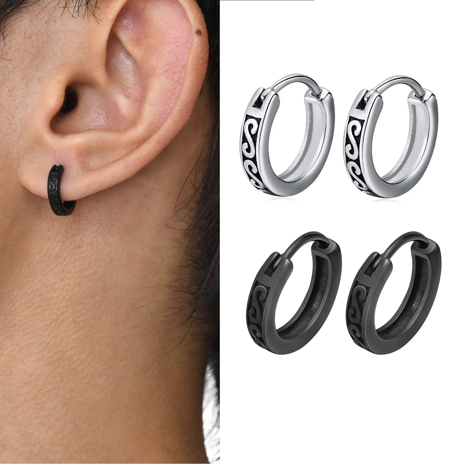 Men Hoop Earrings Gothic Black Infinity S Texture Small Minimalist Stainless Steel Hoops Ear Gifts for Him Jewelry 250812