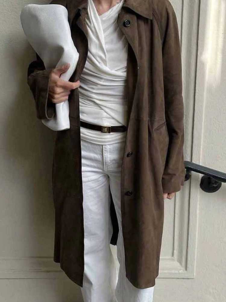New in Autumn Long Suede Jacket Womens Casual Versatile Retro European and American Brown Long-sleeved Tooling Trench Coat Z250813