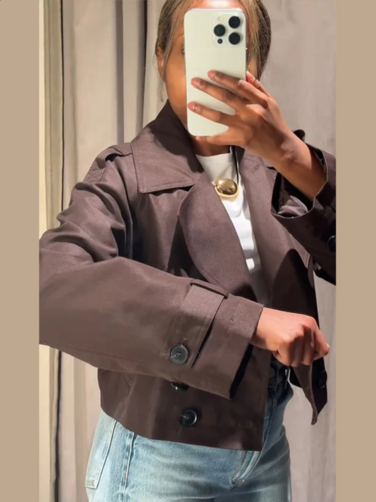 Elegant Turn-down Collar Cropped Jackets Coat Long Sleeves Double Breasted Short Outerwear Autumn Chic Office Female Streetwear 250811
