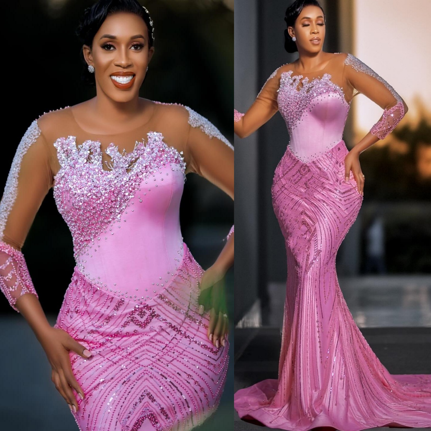 Mermaid Pink Prom Dresses 2025 Beaded Sequined Sheer Neck Stunning Evening Formal Party Second Birthday Engagement Gowns Plus Size Dress For Special O