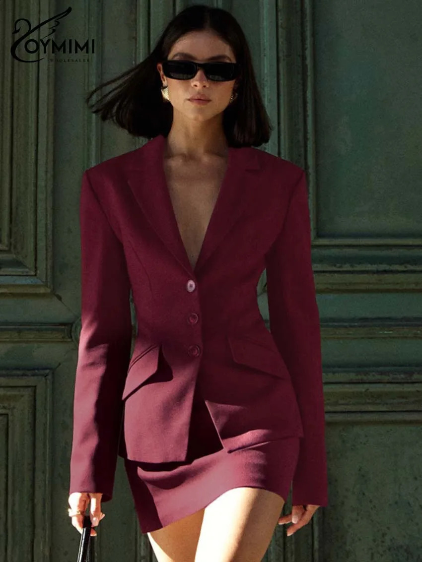 Oymimi Fashion Wine Red Two Piece Set For Women Elegant Long Sleeve Single Breasted Blazers And Slim Simple Mini Skirts Sets 250812
