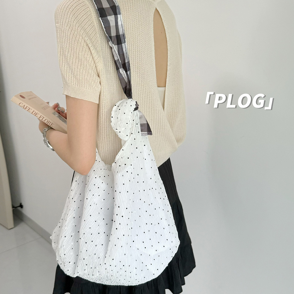Lightweight Mesh Lazy Style Single Tote Polka Dot Chiffon Color Block Plaid Wide Shoulder Strap Cute Student Bag for Women ddmymarket