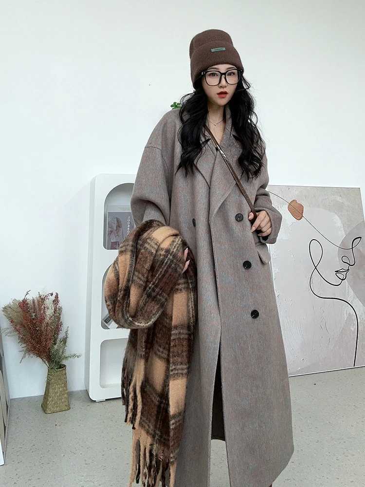 New Designer Korean Style Double-sided Cashmere Coat Coat Double Breasted Mulberry Silk Women Woolen Coat Flower Blue Z250813