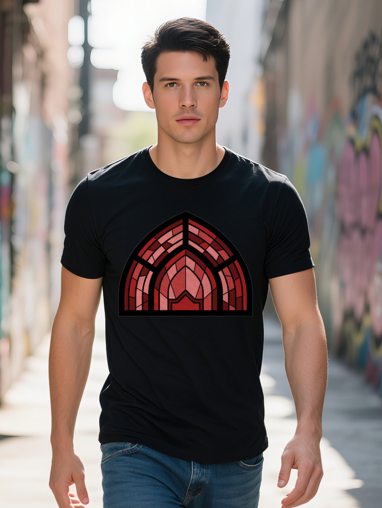 Men S Casual Crew Neck T-Shirt with Arch Print and Dark Red Stained Glass Design Perfect for Summer Everyday Tshirt b6192