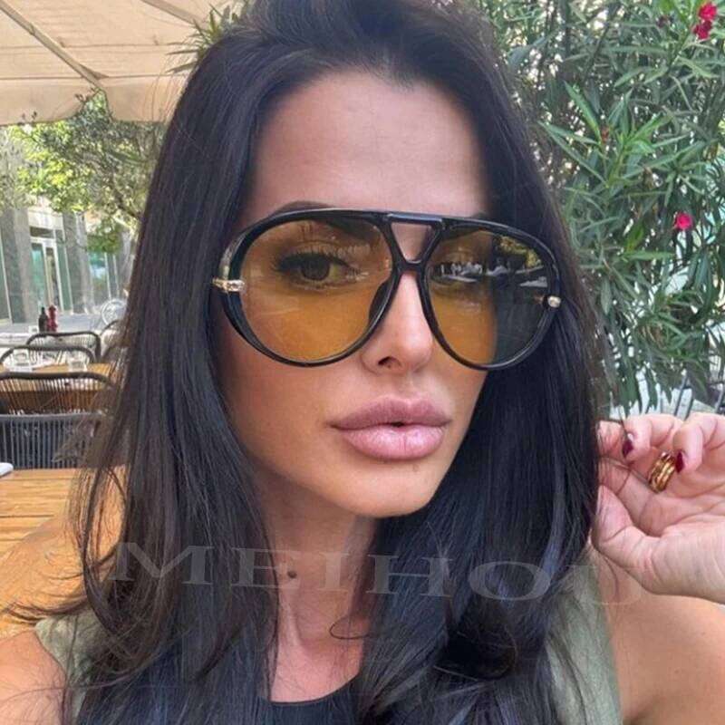 Double Bridge Pilot Womens Sunglasses Design Oversized Punk Black Yellow Metal Big Sun Glasses Men Hipster Eyewear Gafas