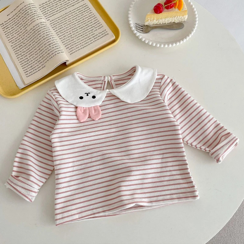autumn baby clothing 03 year old girl bunny collar striped top Tshirt 250812