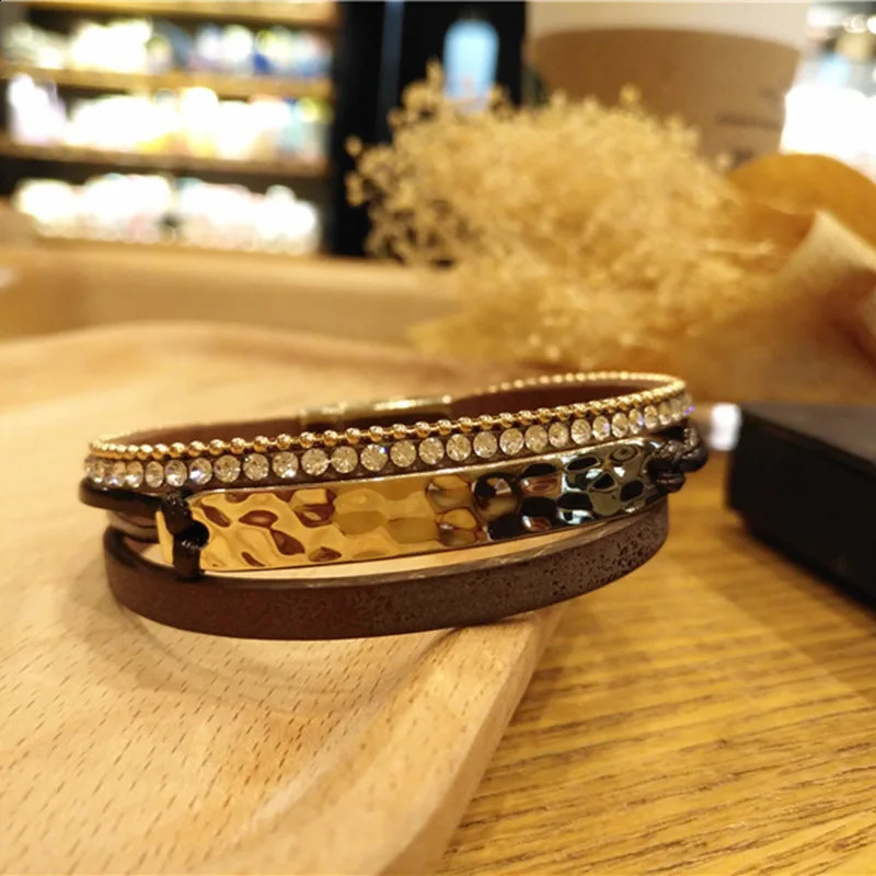 Bohemian Real Leather Bracelets for Women Ladies Boho Metal Crystal Wrap Multilayer Wide Charm Bracelet Female Crystal Jewelry 250812